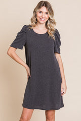 Charcoal Washed Ribbed Puff Sleeve Maternity Dress