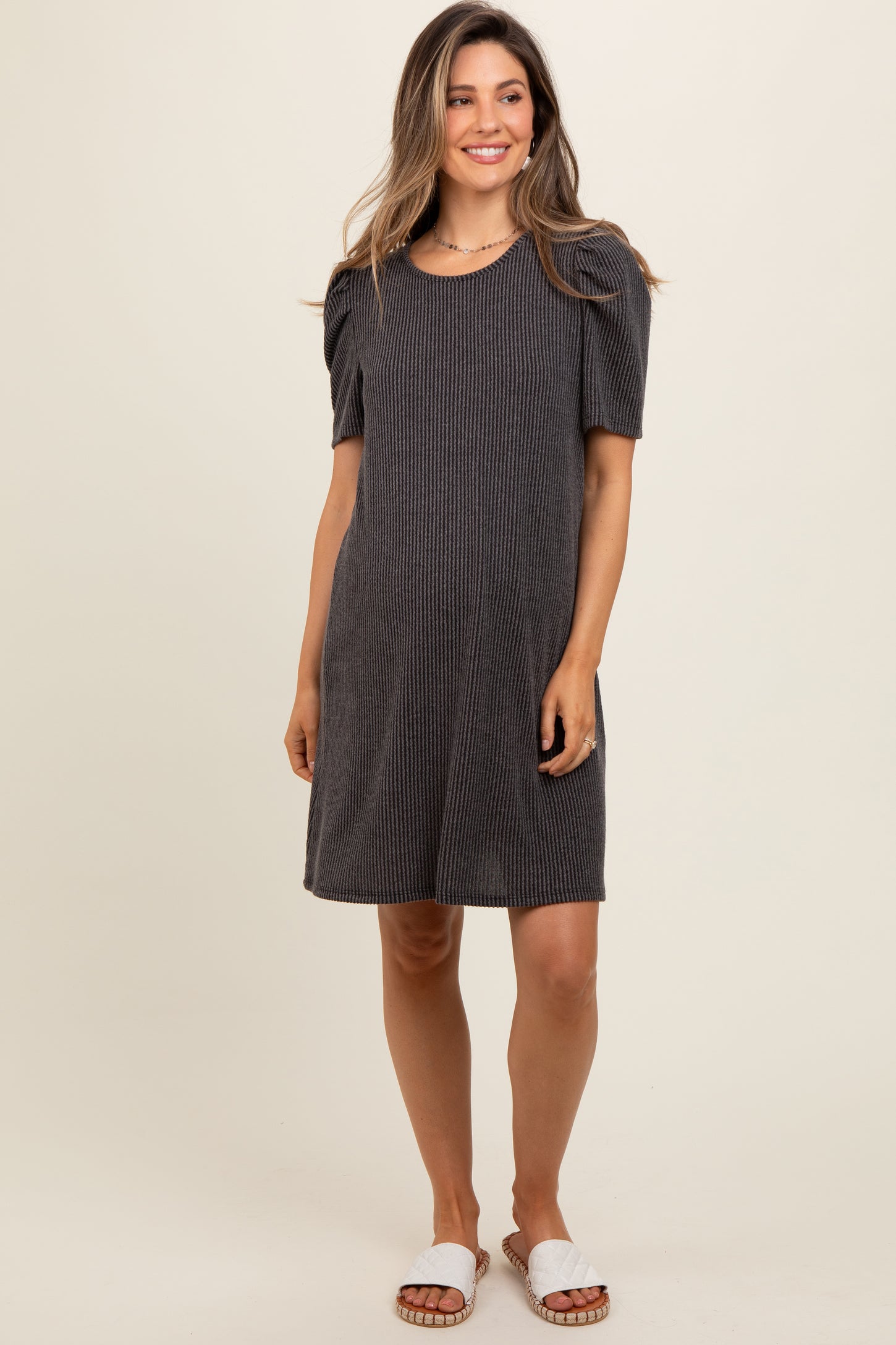Charcoal Washed Ribbed Puff Sleeve Maternity Dress