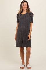 Charcoal Washed Ribbed Puff Sleeve Maternity Dress