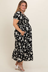 Cream Floral Puff Sleeve Maternity Plus Midi Dress