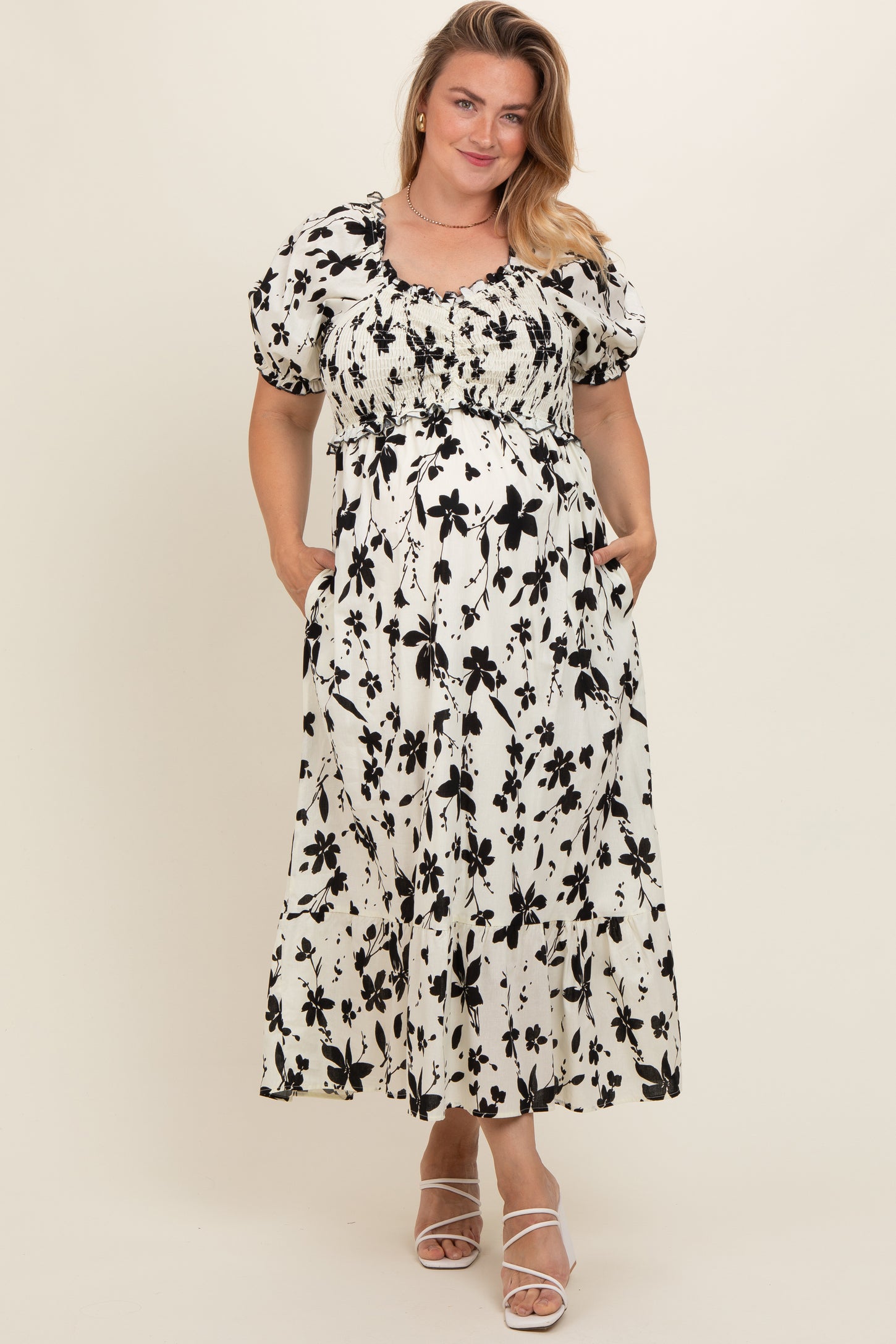 Cream Floral Puff Sleeve Maternity Plus Midi Dress