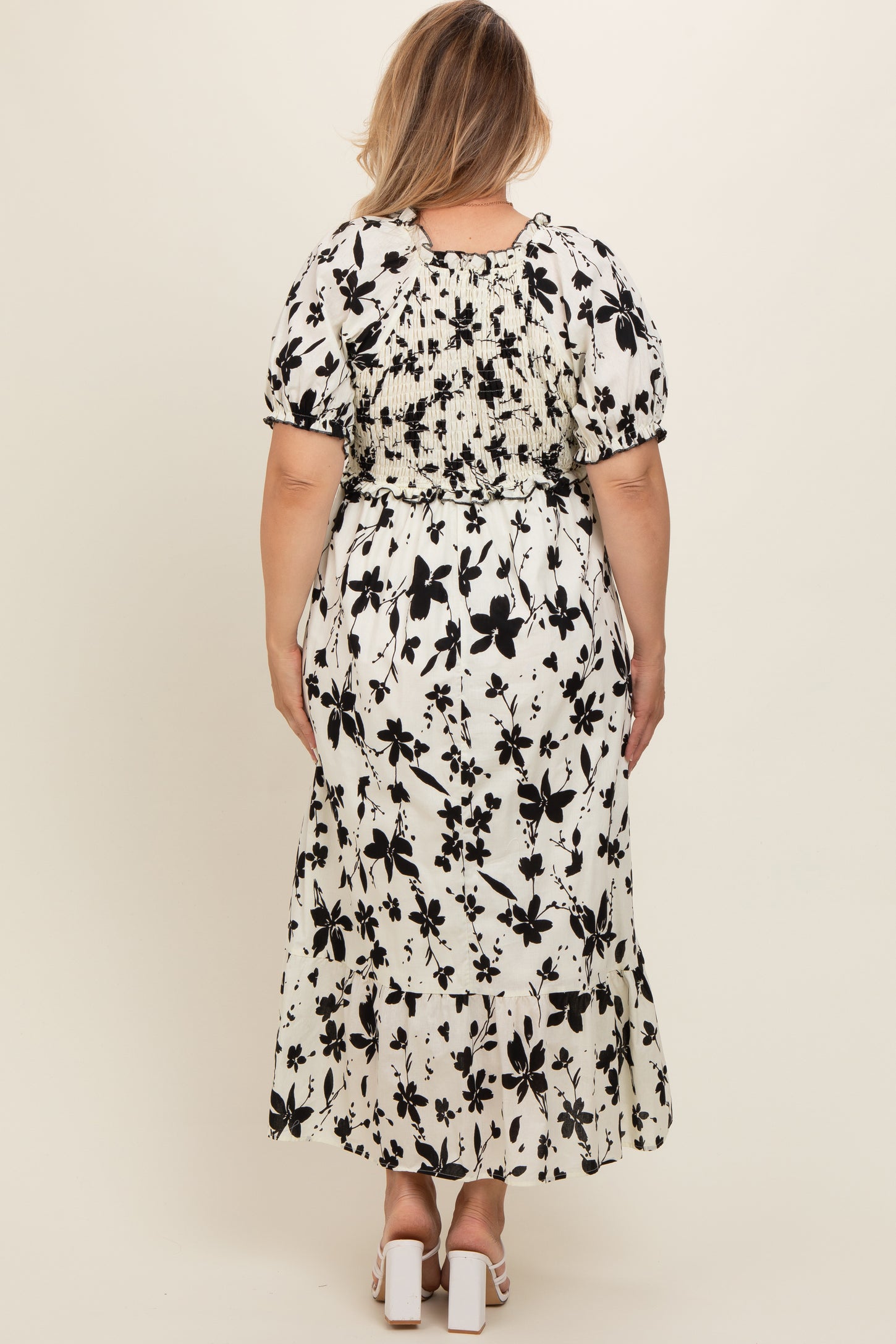 Cream Floral Puff Sleeve Maternity Plus Midi Dress