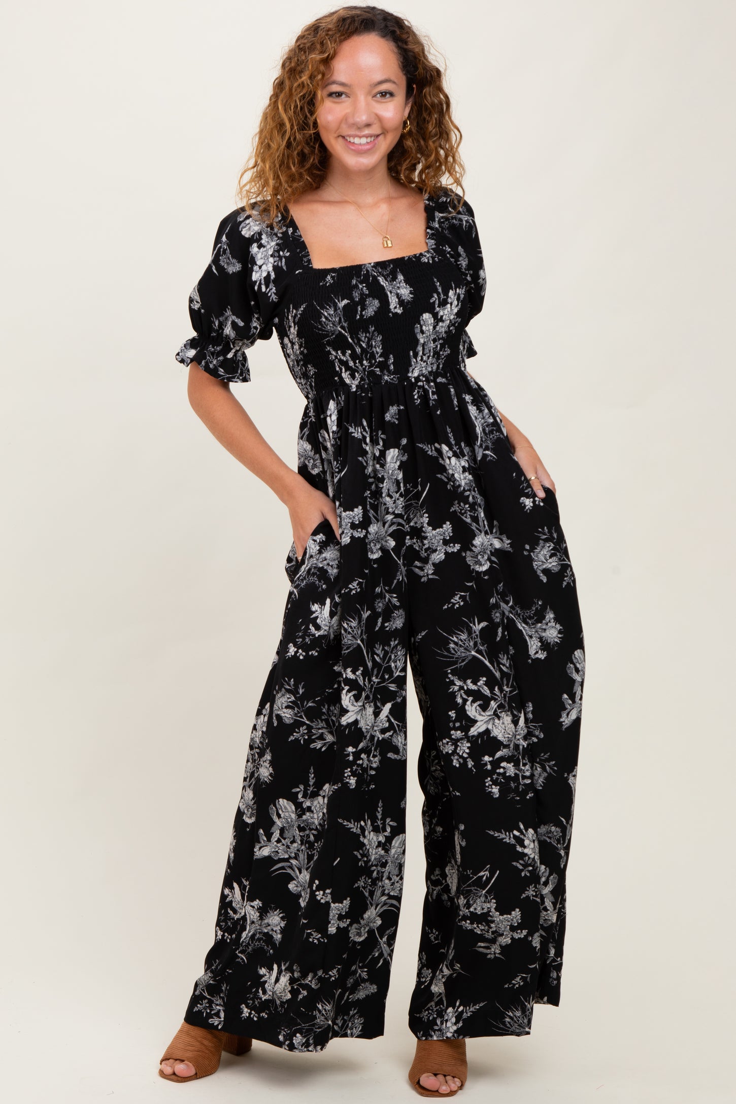 Black Floral Smocked Square Neck Wide Leg Jumpsuit