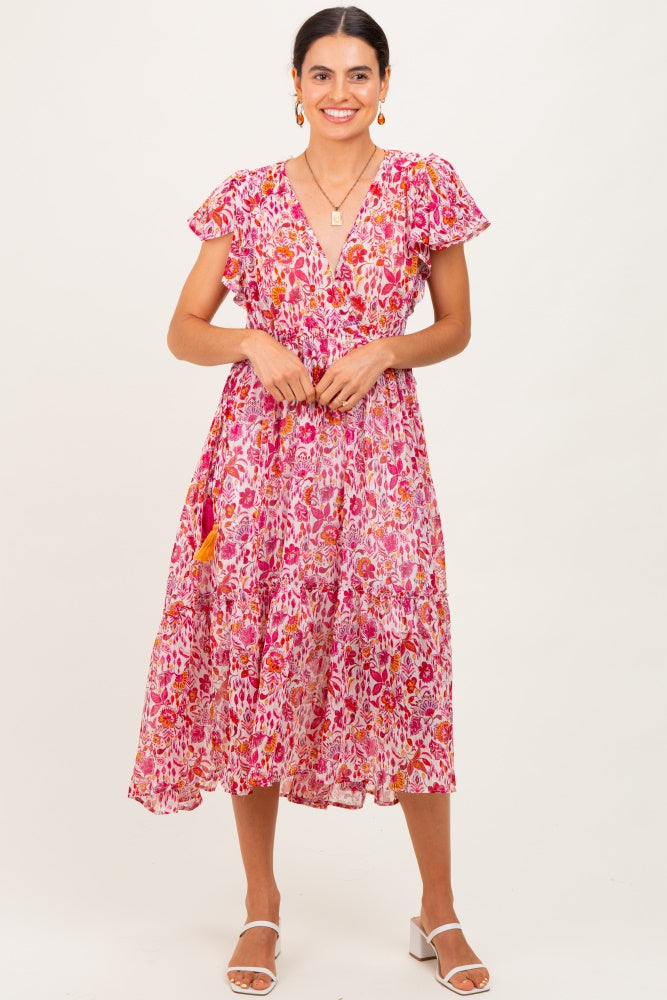 Pink Floral Chiffon Flutter Sleeve Ruffle Hem Midi Dress