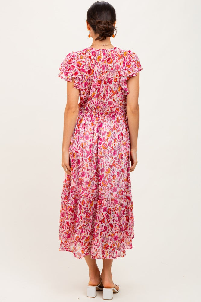 Pink Floral Chiffon Flutter Sleeve Ruffle Hem Midi Dress
