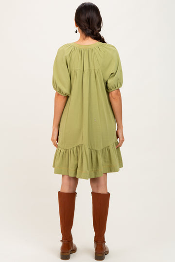 Light Olive Button Front Short Puff Sleeve Dress