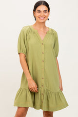 Light Olive Button Front Short Puff Sleeve Dress