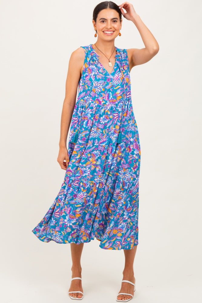 Teal Floral Ruffle Mock Neck Tiered Sleeveless Midi Dress
