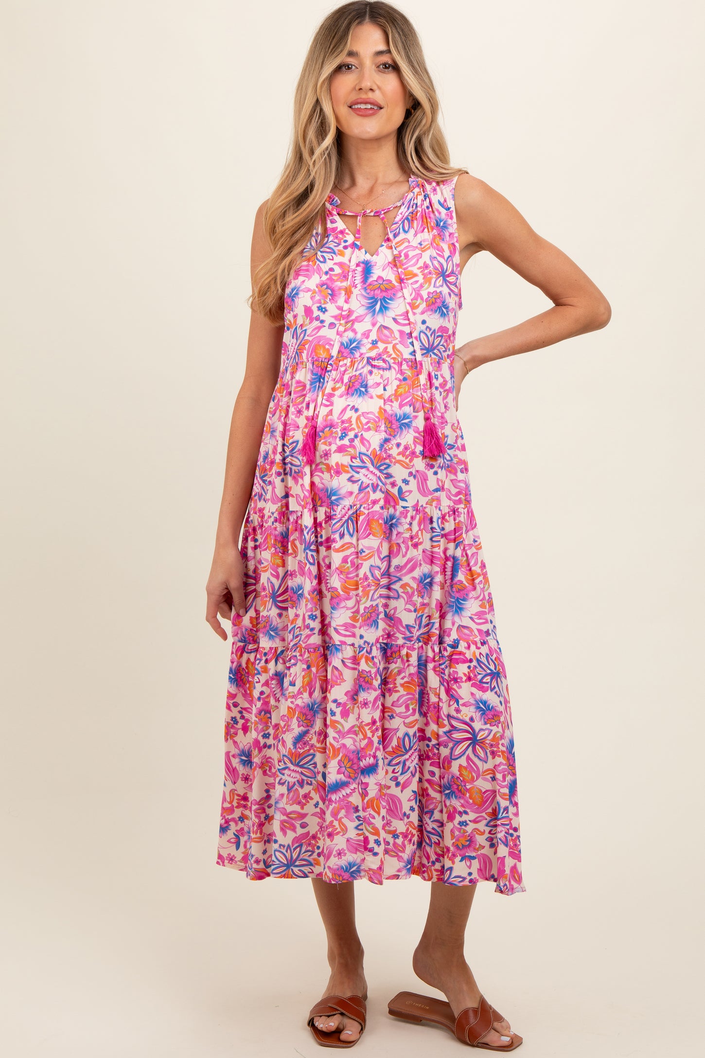 Magenta Floral Ruffle Mock Neck Tiered Sleeveless Maternity Midi Dress