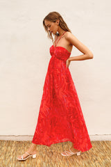 Red Tonal Floral Halter Maxi Dress