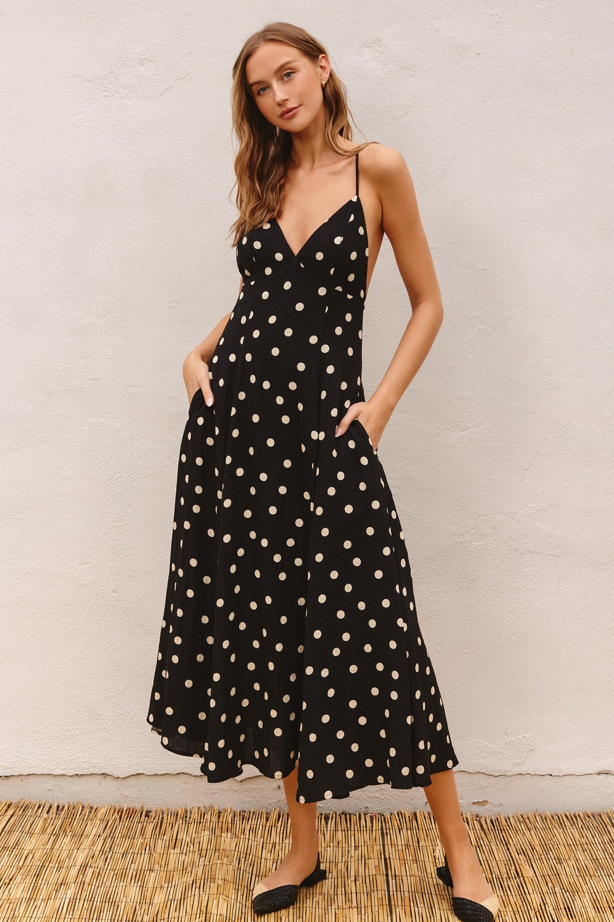 Black Polka Dot Lace Up Button Back Maternity Midi Dress Black Polka Dot Lace Up Button Back Maternity Midi Dress