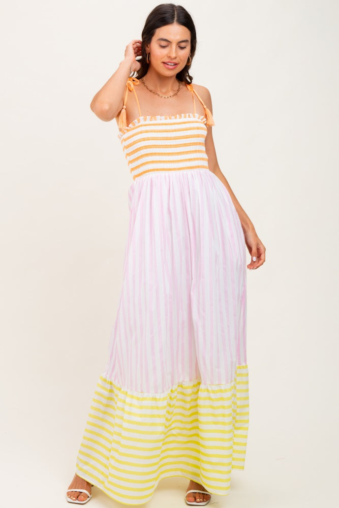 Multi-Color Striped Color Block Shoulder Tie Maxi Dress