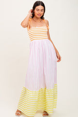 Multi-Color Striped Color Block Shoulder Tie Maxi Dress
