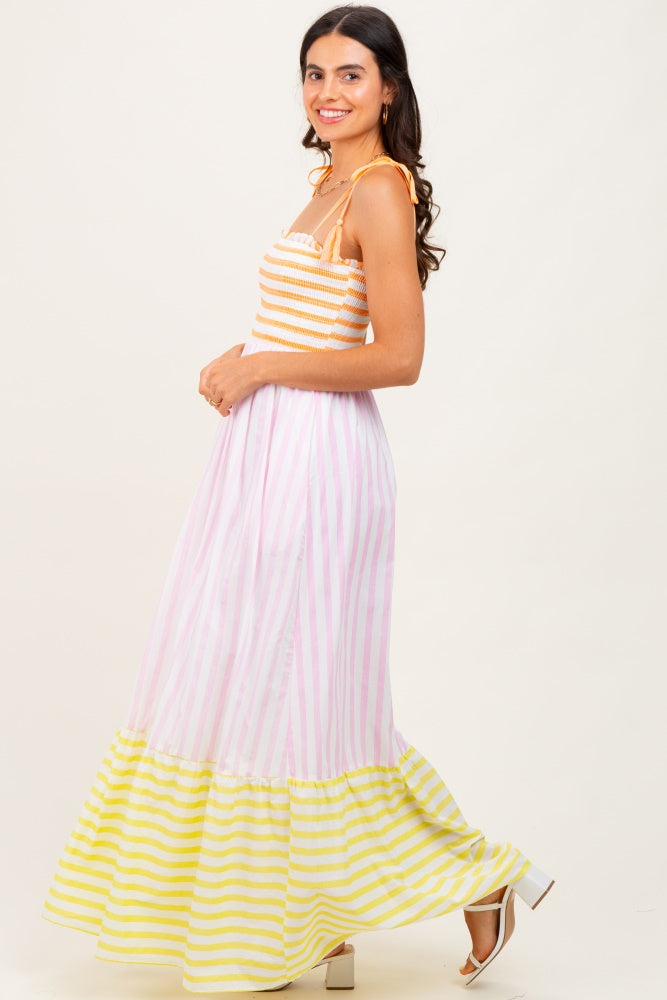 Multi-Color Striped Color Block Shoulder Tie Maxi Dress