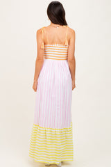 Multi-Color Striped Color Block Shoulder Tie Maxi Dress