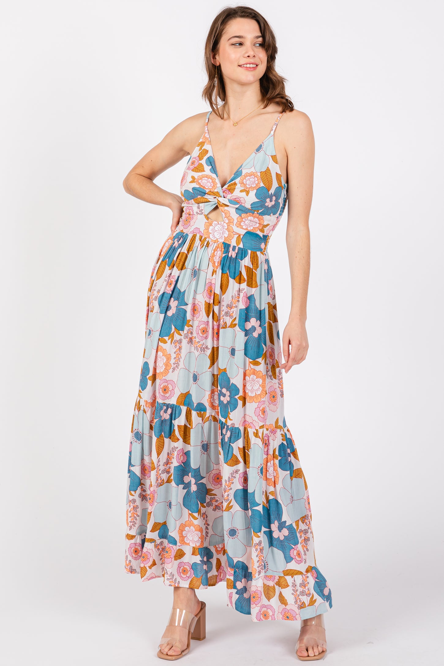 Light Blue Floral Sleeveless Maternity Maxi Dress
