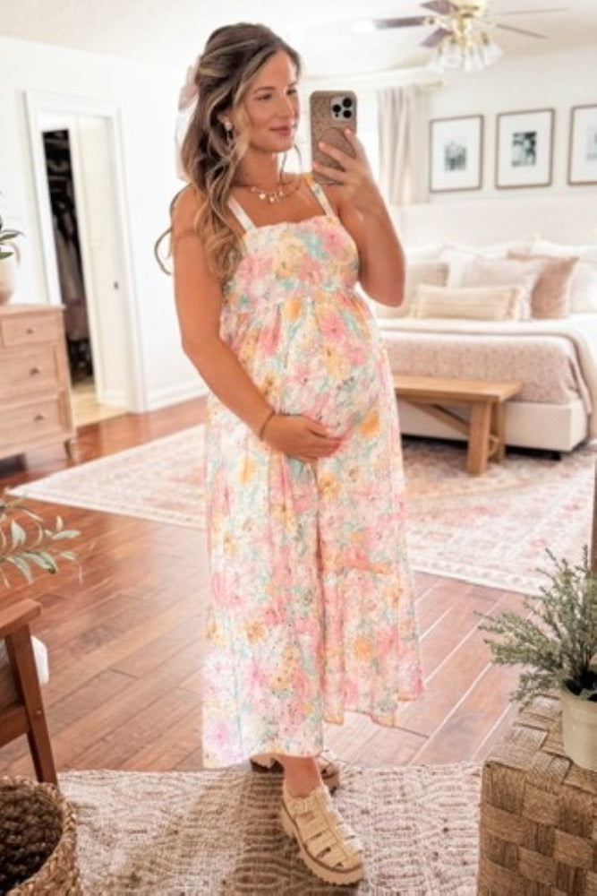 Multi-Color Floral Eyelet Square Neck Maternity Midi Dress