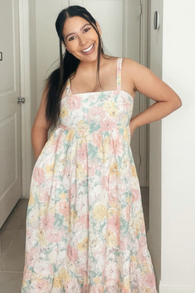 Multi-Color Floral Eyelet Square Neck Midi Dress