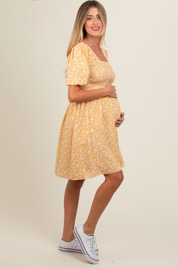 Yellow Floral Smocked Tie Back Maternity Dress