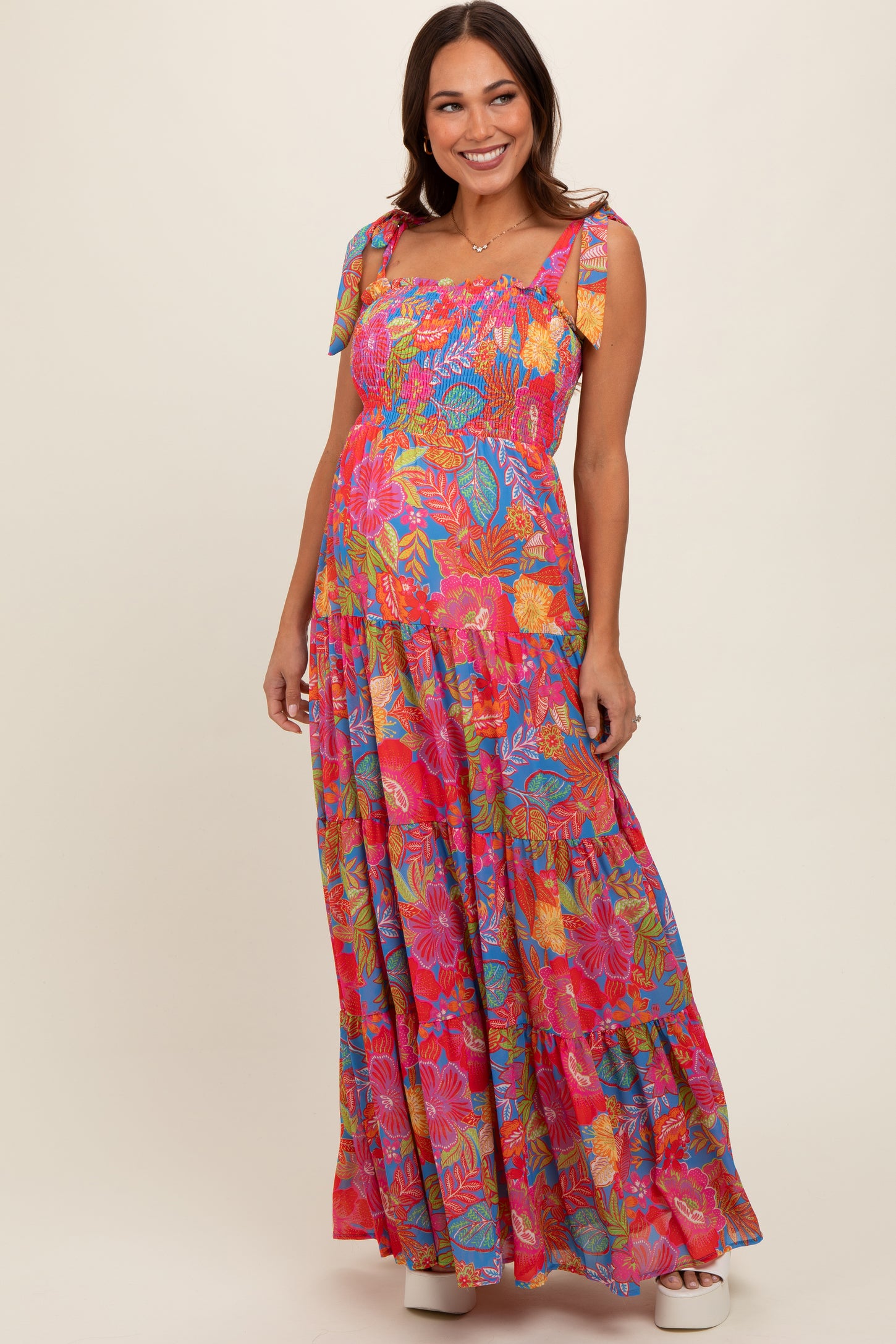 Magenta Floral Shoulder Tier Smocked Maternity Maxi Dress