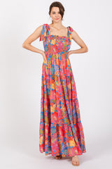 Magenta Floral Shoulder Tier Smocked Maternity Maxi Dress