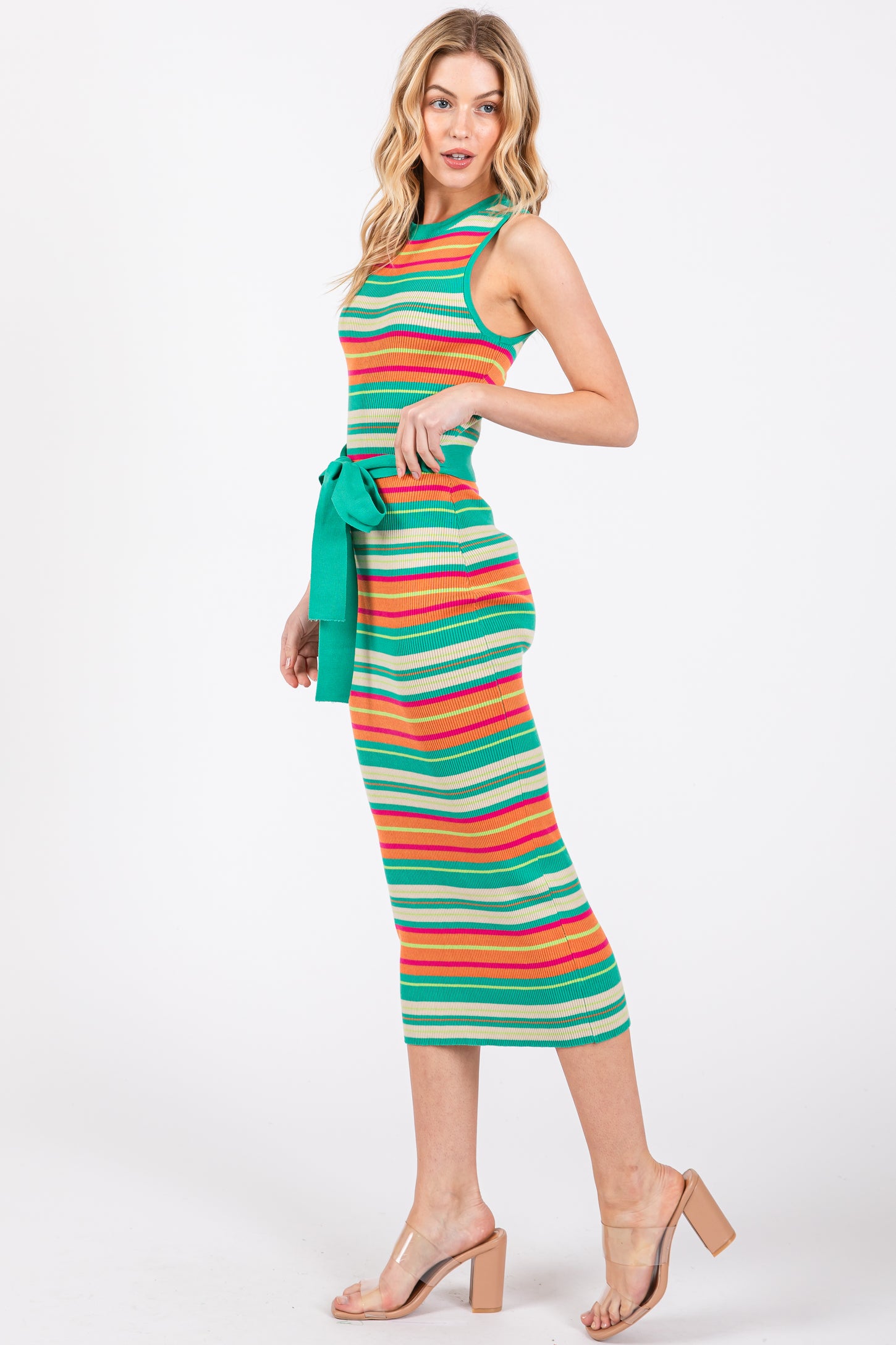 Mint Green Striped Tie Waist Sleeveless Midi Dress