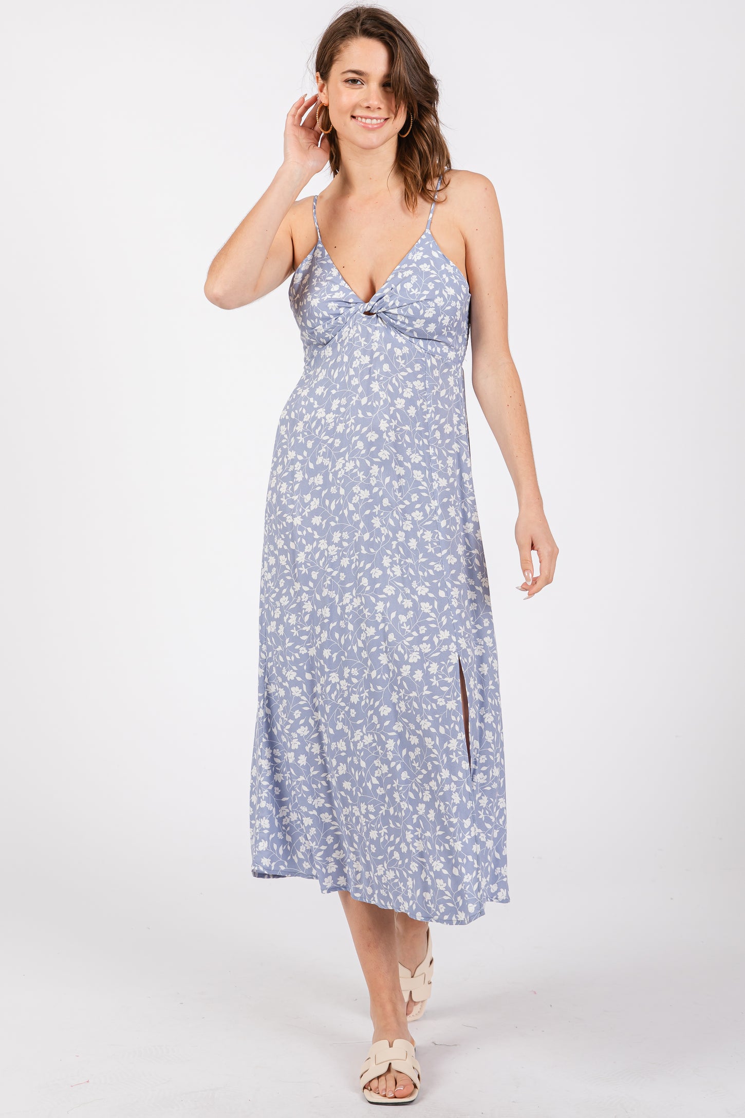 Light Blue Floral Side Slit Maternity Midi Dress