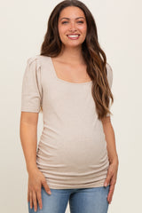 Beige Ribbed Ruched Square Neck Puff Sleeve Maternity Top