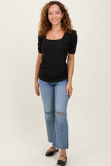 Black Ribbed Ruched Square Neck Puff Sleeve Top