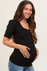 Black Ribbed Ruched Square Neck Puff Sleeve Maternity Top
