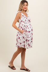 Ivory Mauve Floral Knotted Wrap V-Neck Maternity Dress
