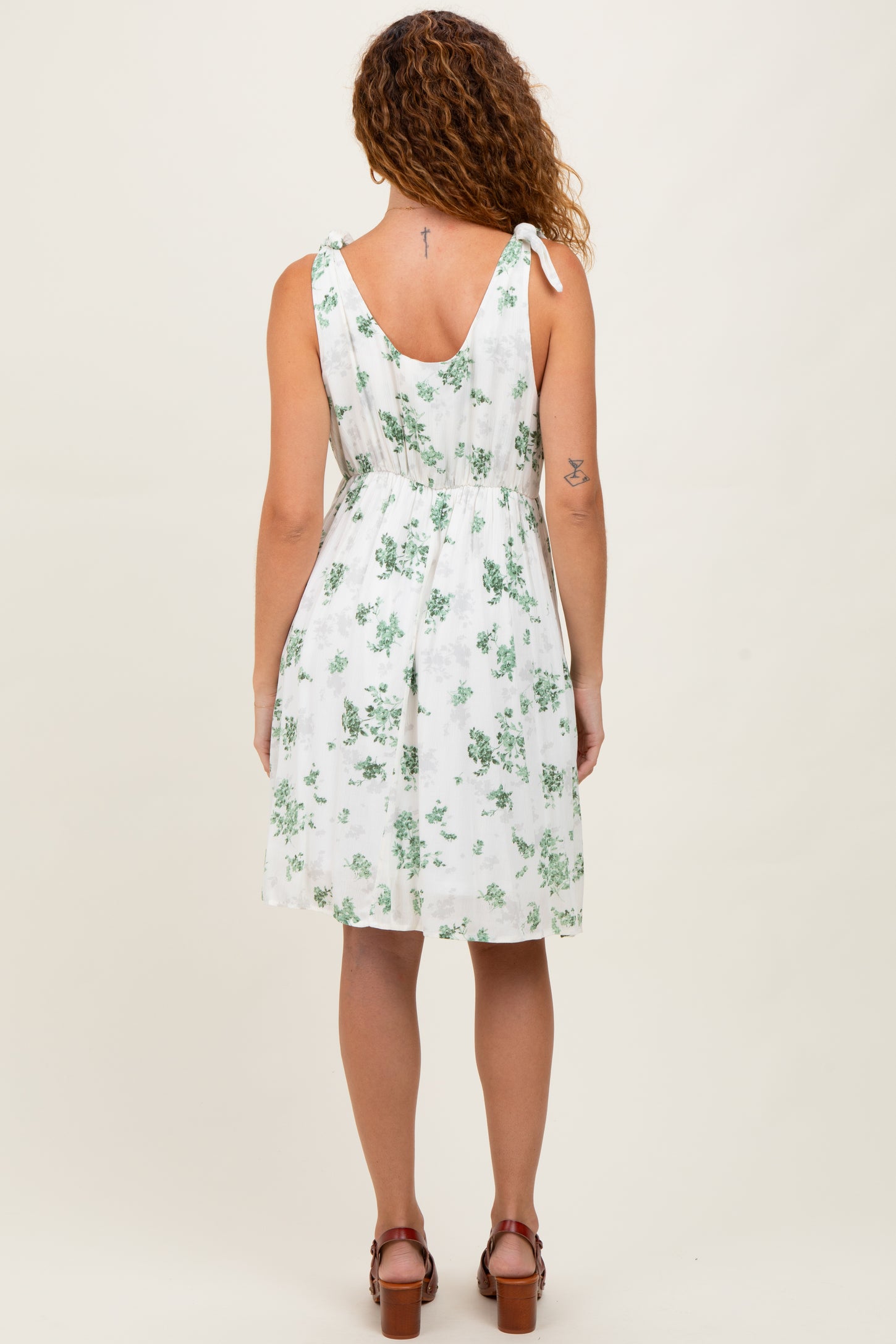 Ivory Green Floral Knotted Wrap V-Neck Dress