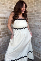 Beige Contrast Wavy Trim Maternity Maxi Dress