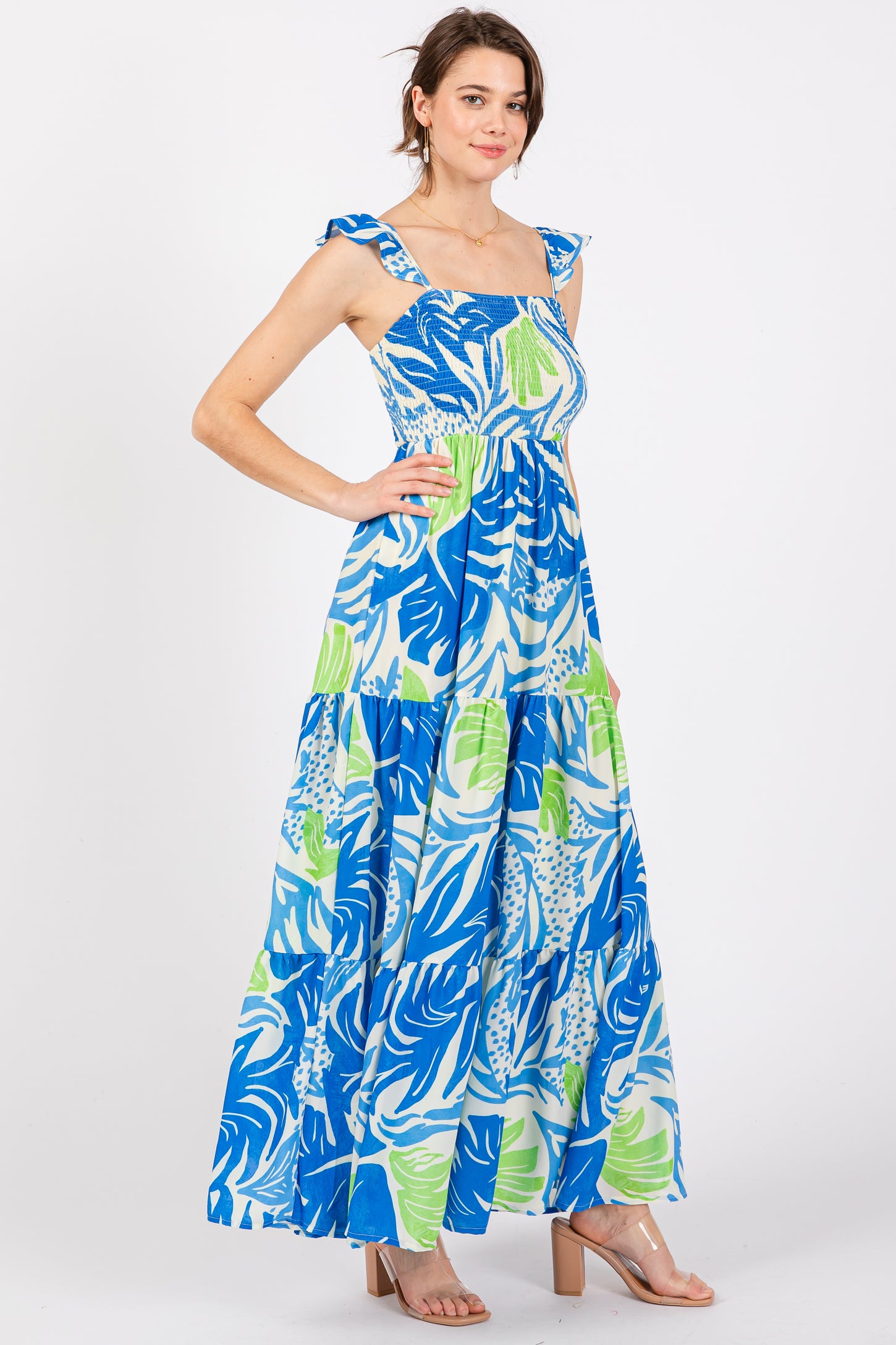 Blue Leaf Print Smocked Maxi Dress
