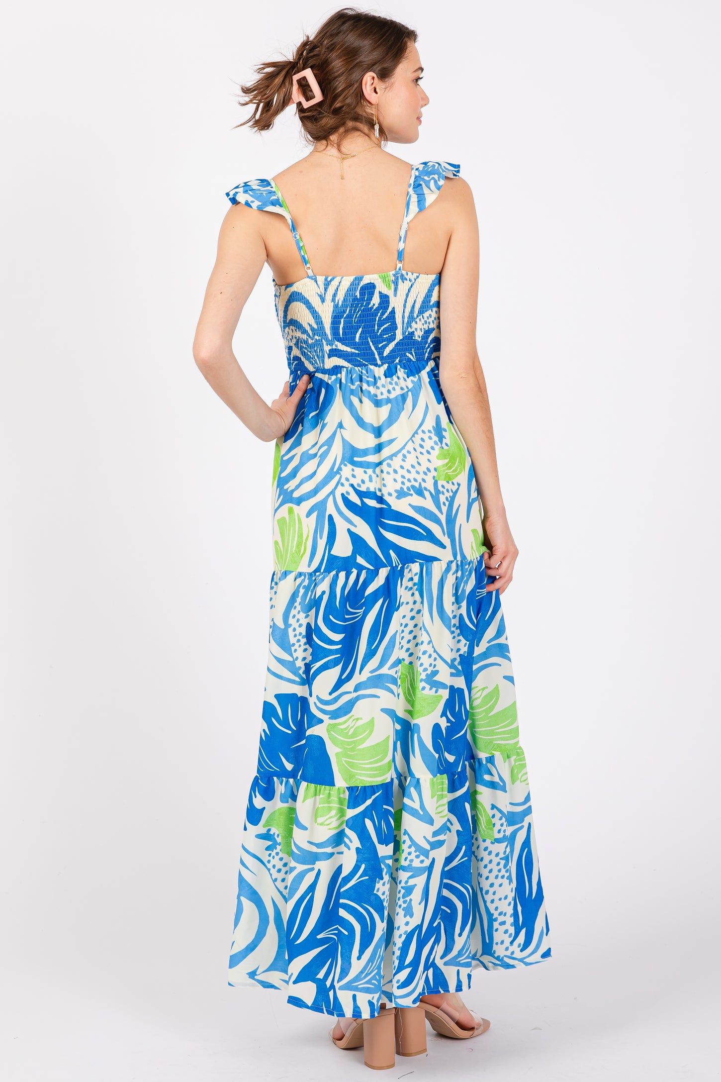 Blue Leaf Print Smocked Maxi Dress