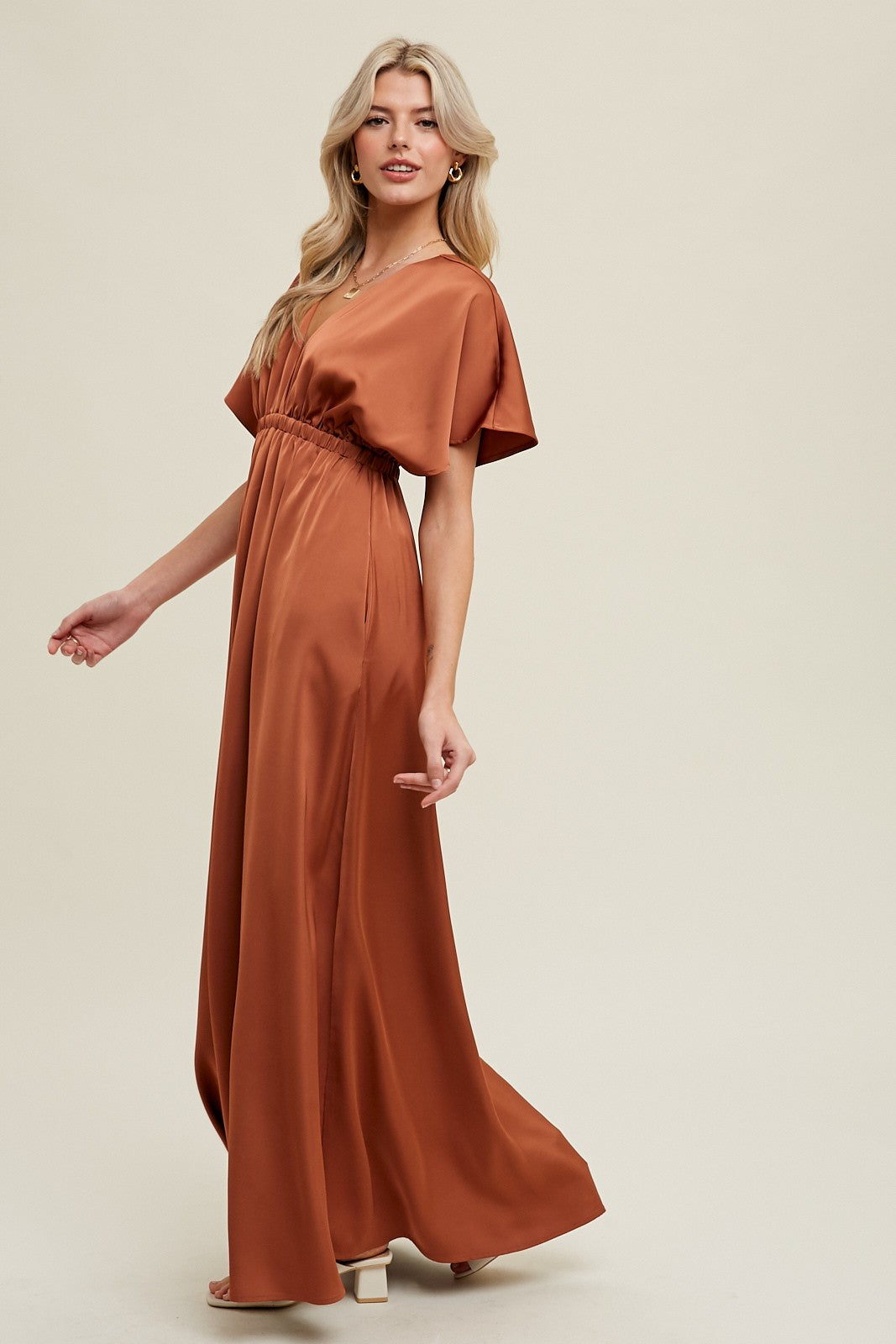 Rust Satin V-Neck Flutter Short Sleeve Maxi Dress PinkBlush Rust Satin V-Neck Flutter Short Sleeve Maxi Dress PinkBlush