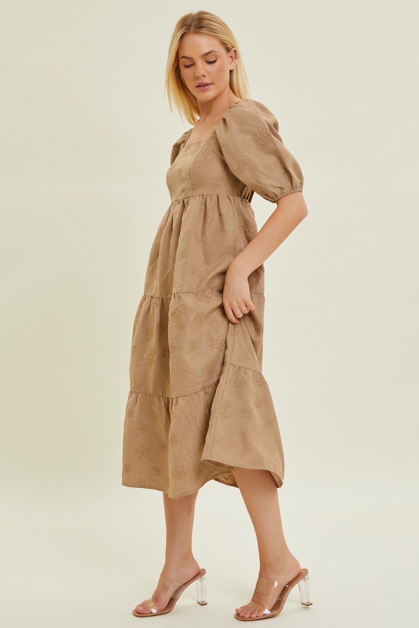 Mocha Floral Embroidered Midi Dress