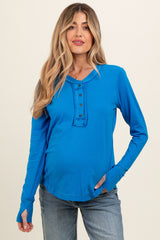 Blue Long Sleeve Exposed Seam Maternity Top