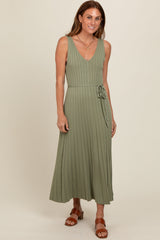 Light Olive Pleated V-Neck Waist Tie Sweater Maxi Dress