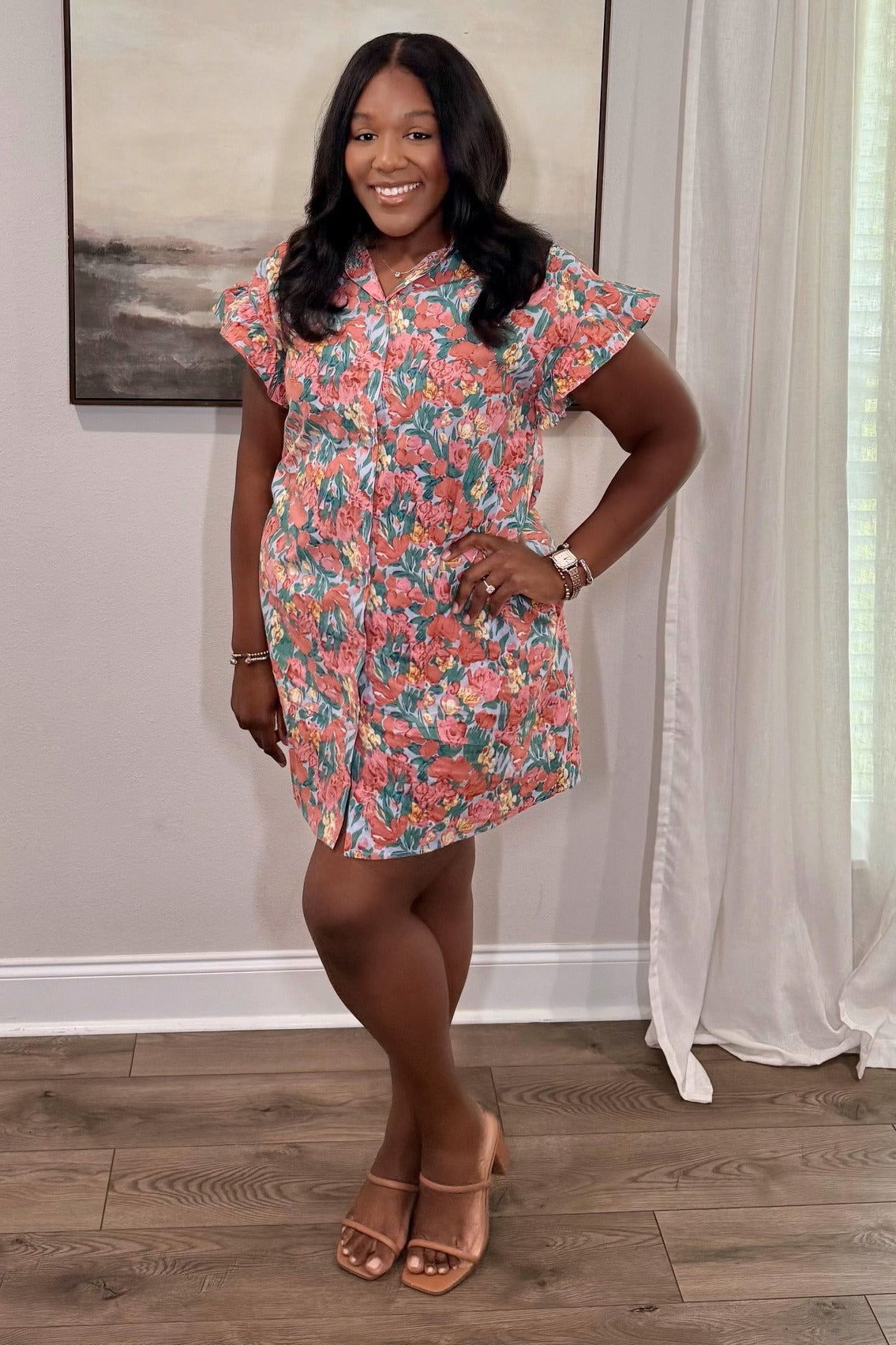 Coral Multi Floral Printed Frill Sleeve Shirt Mini Dress