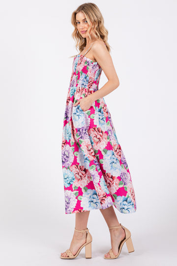 Fuchsia Floral Smocked Midi Dress