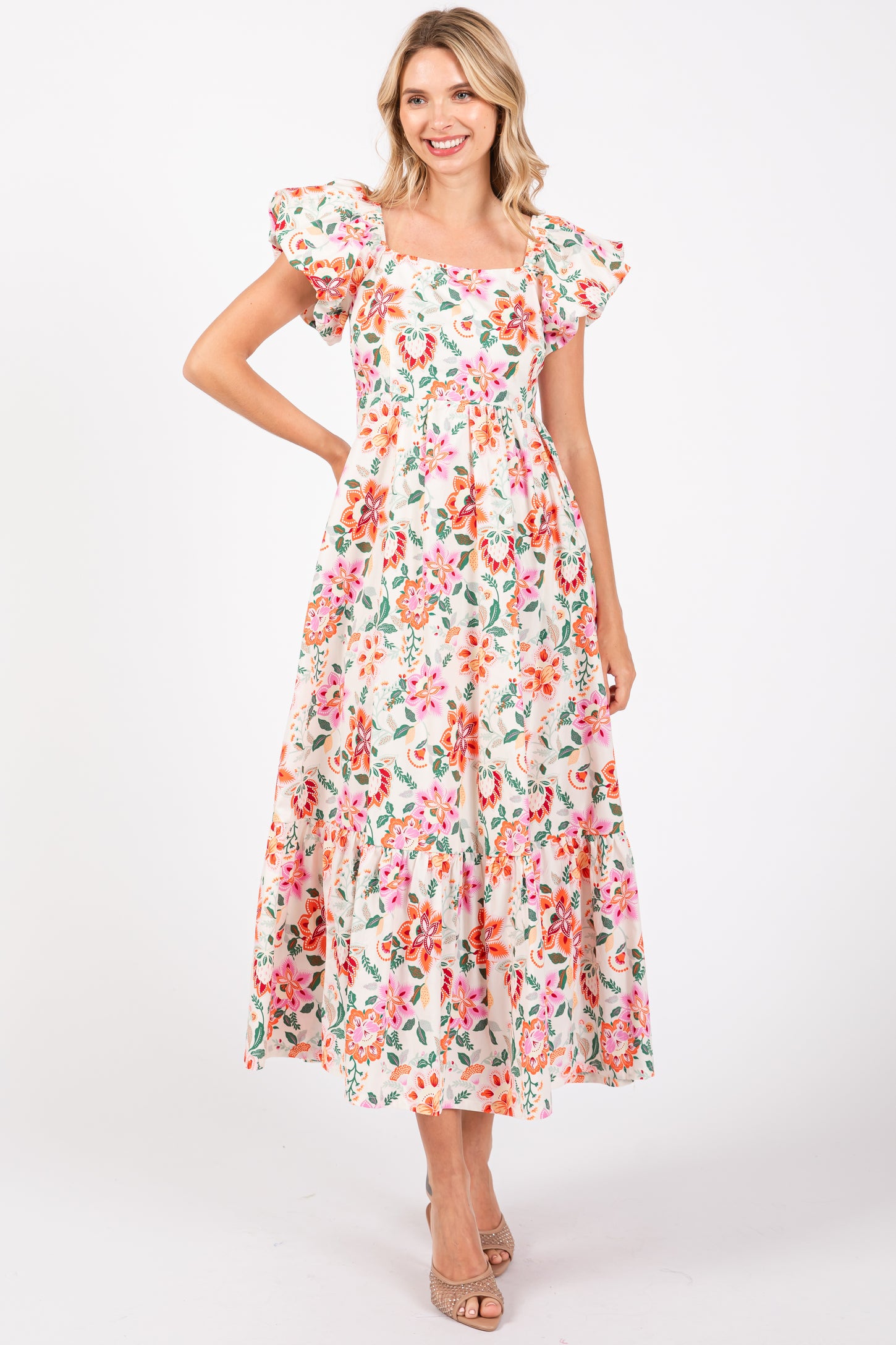 Cream Floral Square Neck Puffy Sleeves Dress