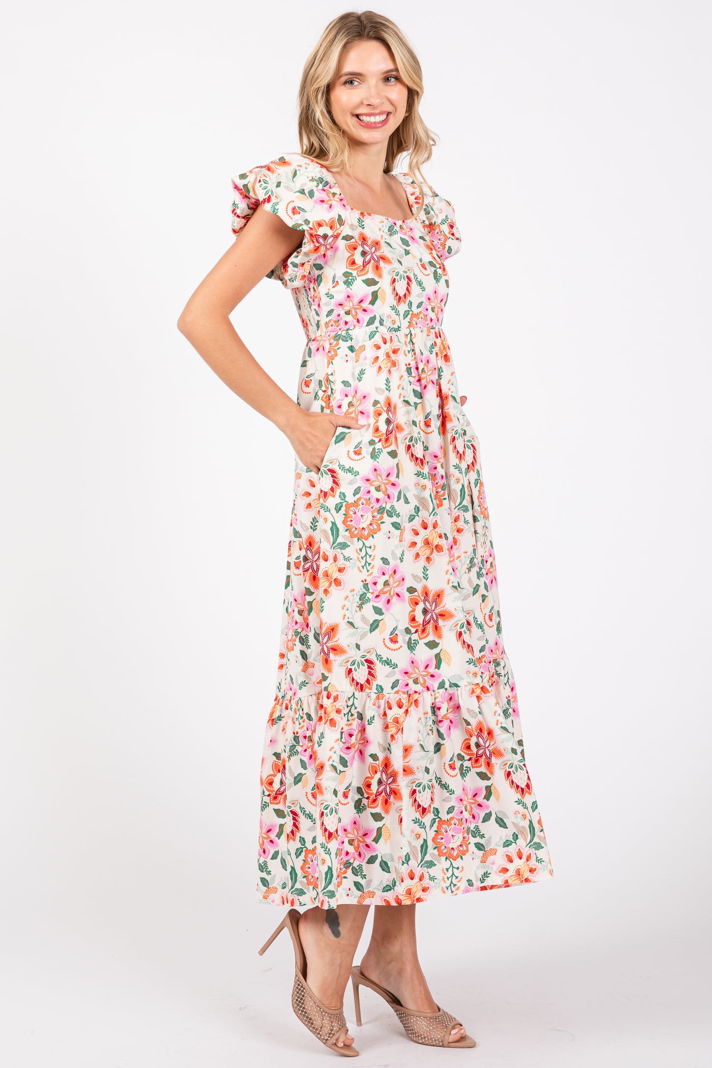 Cream Floral Square Neck Puffy Sleeves Dress