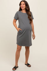 Charcoal French Terry Cuffed Short Sleeve Maternity Dress