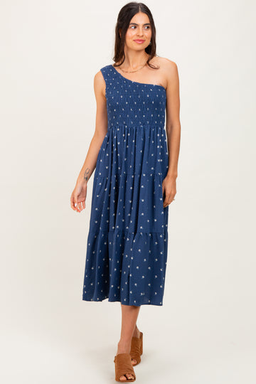 Navy Blue Floral Linen Smocked One Shoulder Tiered Midi Dress
