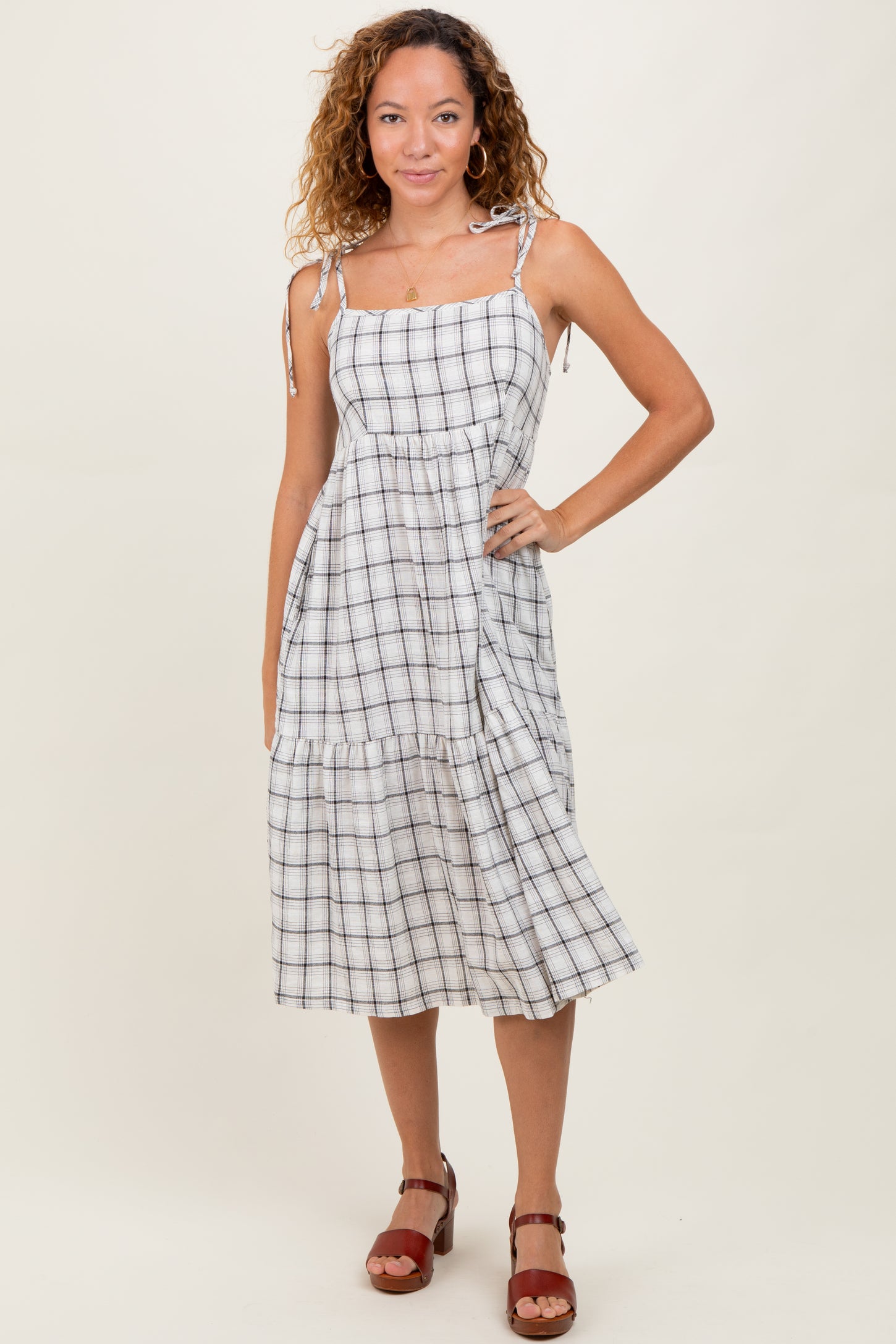 Ivory Plaid Shoulder Tie Maternity Midi Dress