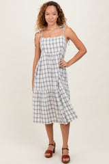 Ivory Plaid Shoulder Tie Maternity Midi Dress