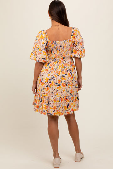 Multicolor Floral Print Puff Sleeve Maternity Dress