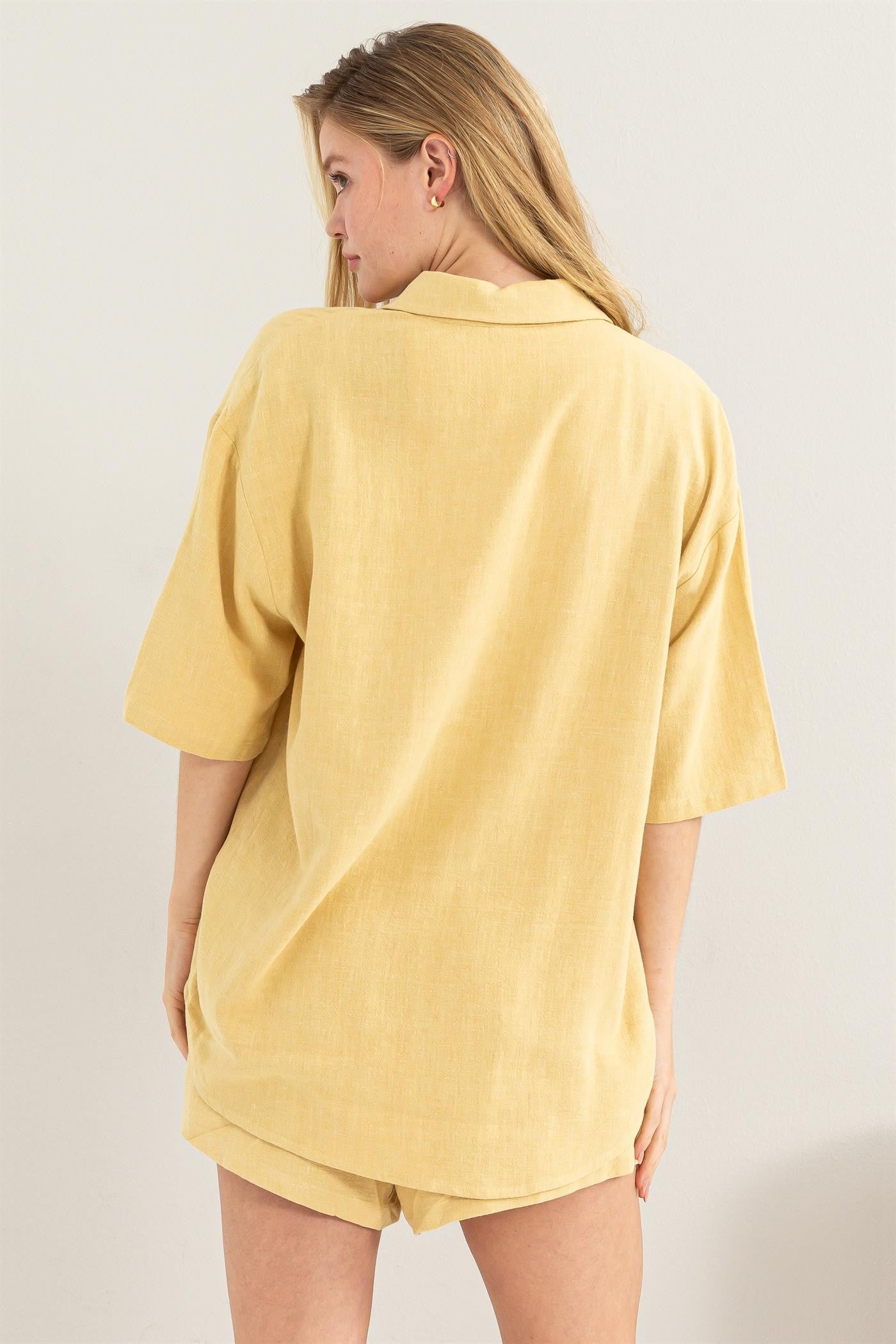 Yellow Linen Blend Short Sleeve Short Set