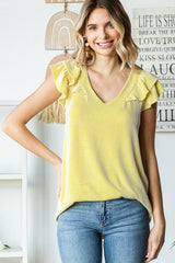 Yellow Flutter Sleeve Ribbed Top